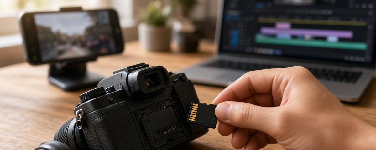 Main insérant une carte mémoire dans un appareil photo hybride posé sur un bureau, avec un smartphone et un ordinateur de montage en arrière-plan