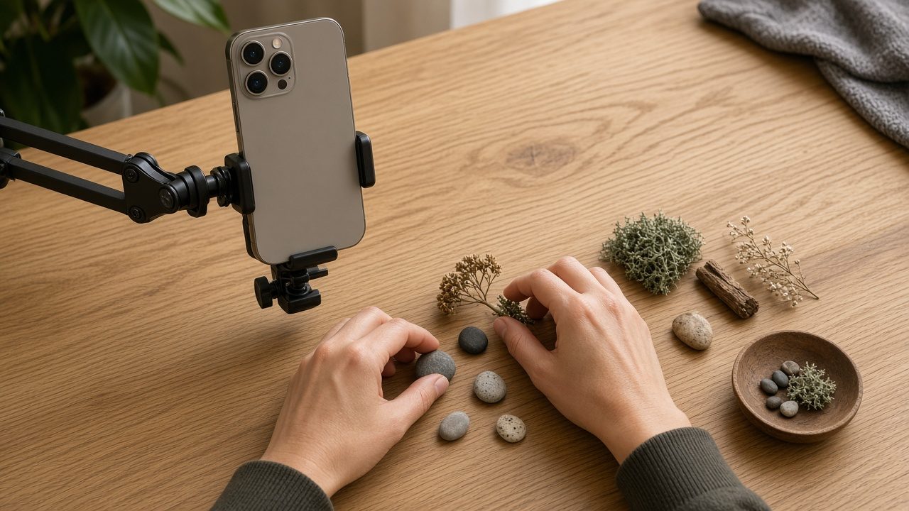 Smartphone sur support de bureau qui filme des mains