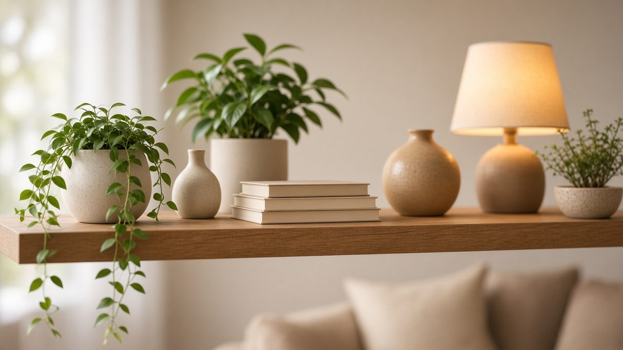 Décor de tournage soigné avec étagère et plantes