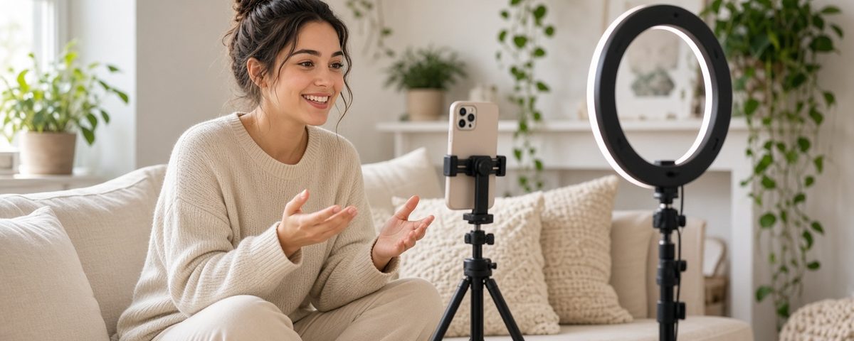 Créatrice qui filme une vidéo chez elle avec trépied et lumière