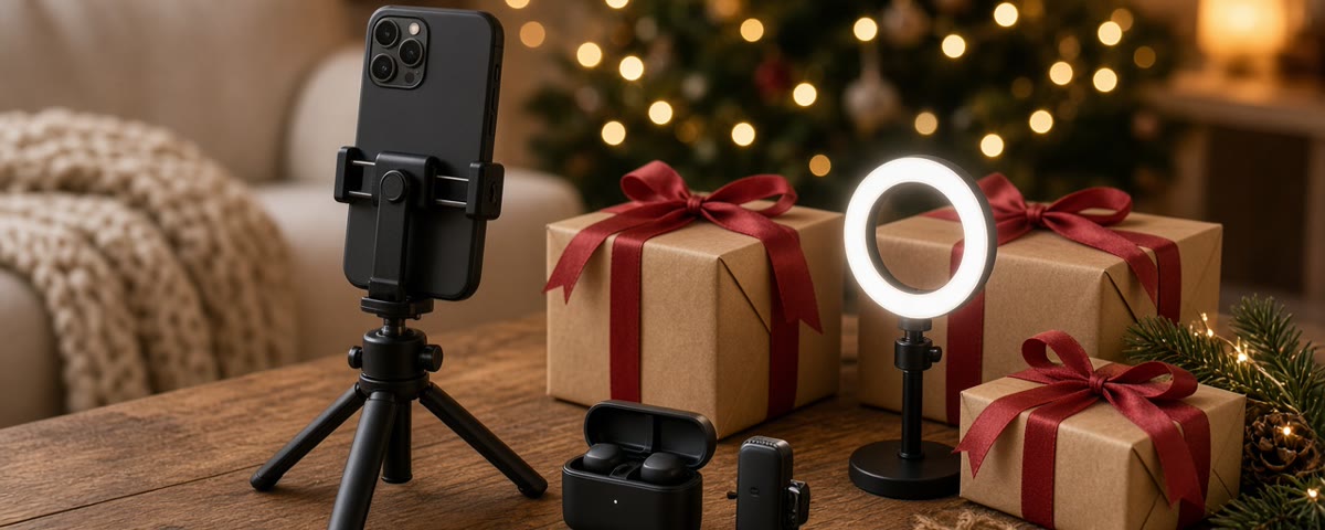 Smartphone sur mini trépied, micro sans fil, petite ring light et cadeaux emballés en papier kraft devant un sapin de Noël illuminé