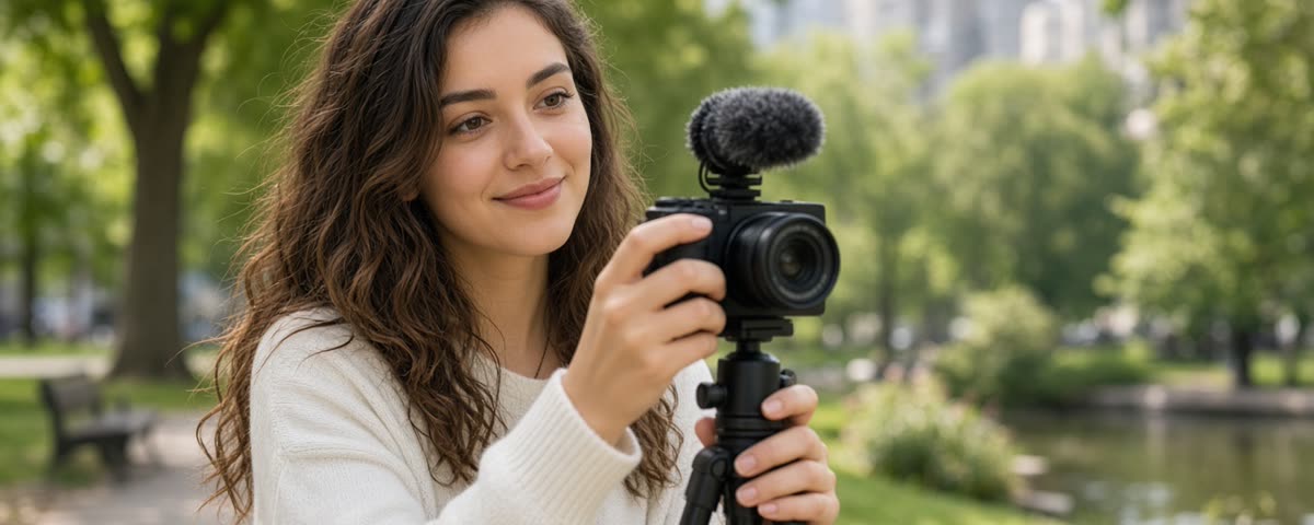 Créatrice de contenu dans un parc filmant avec un appareil photo hybride sur trépied, équipé d’un micro canon avec bonnette à poils