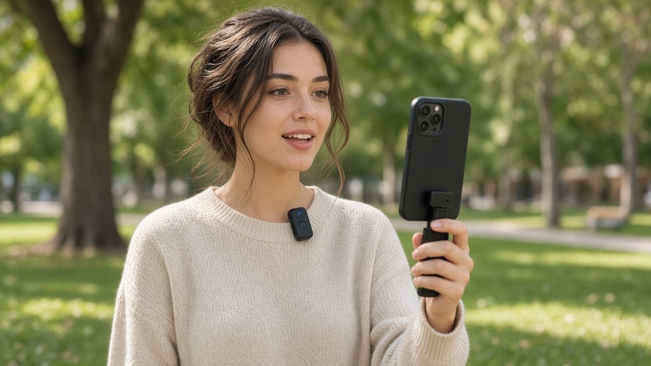 Créatrice qui filme au smartphone avec un micro sans fil clipsé au col