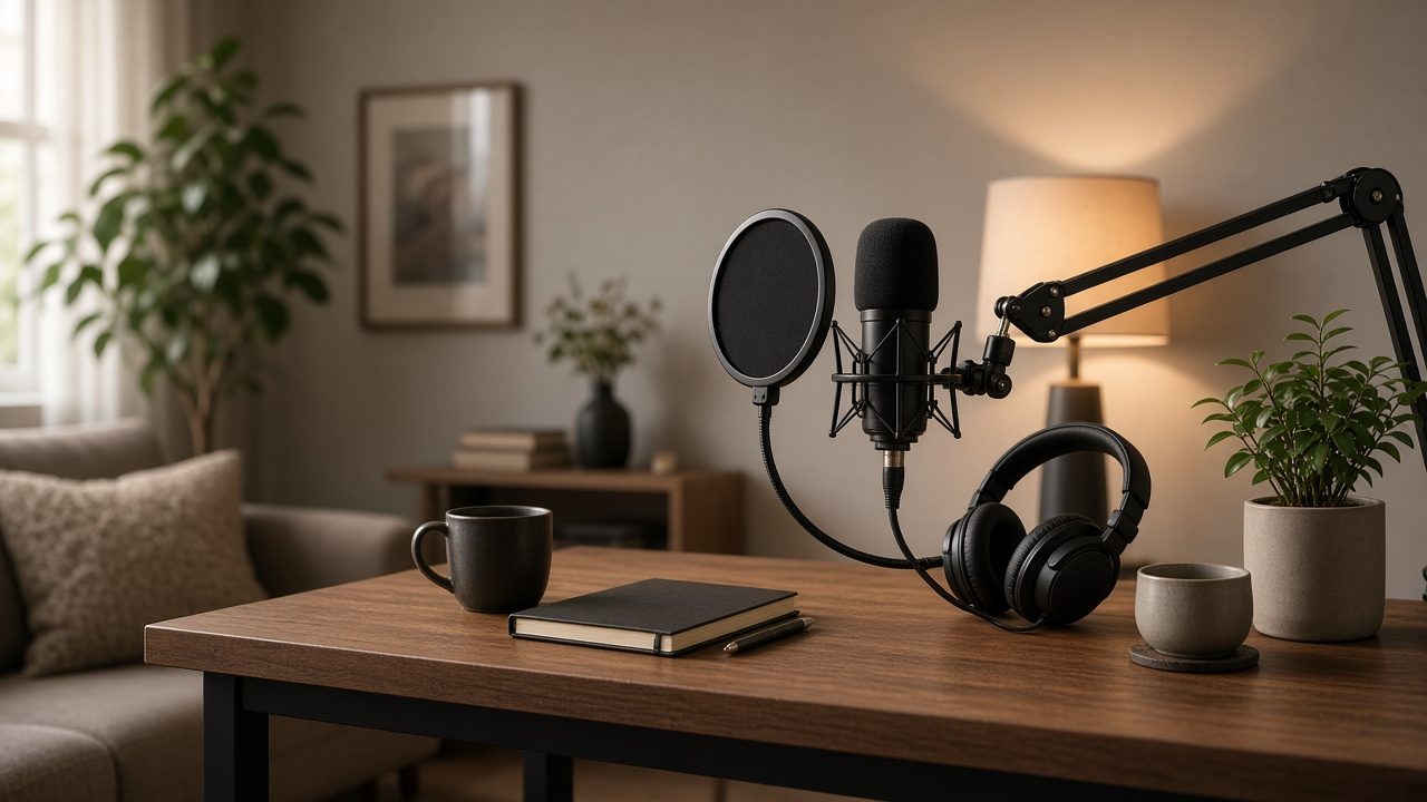 Bureau de podcast avec micro sur bras articulé