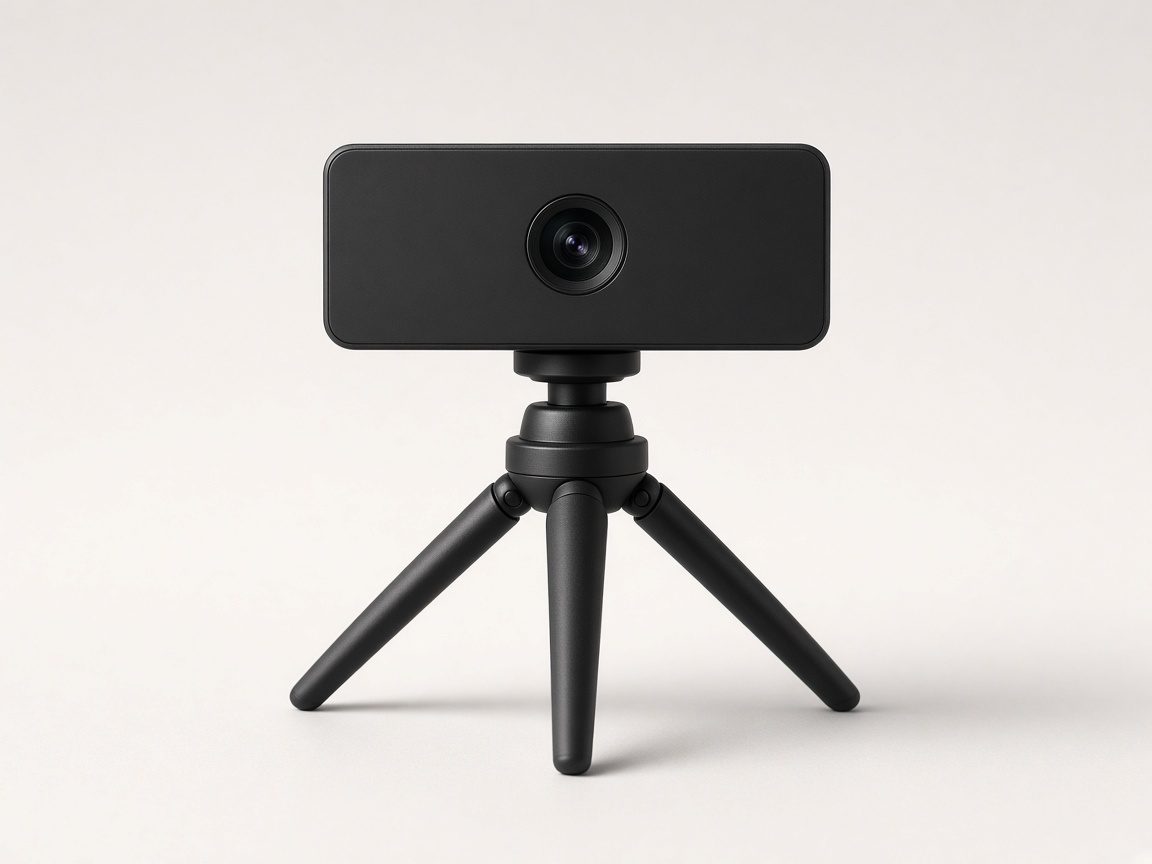Webcam 4K noire posée sur un petit trépied
