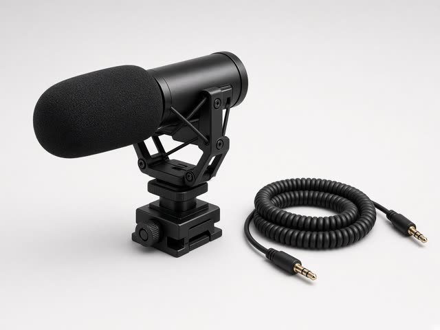 Micro canon noir compact avec suspension antichoc, bonnette mousse et câble spiralé mini-jack