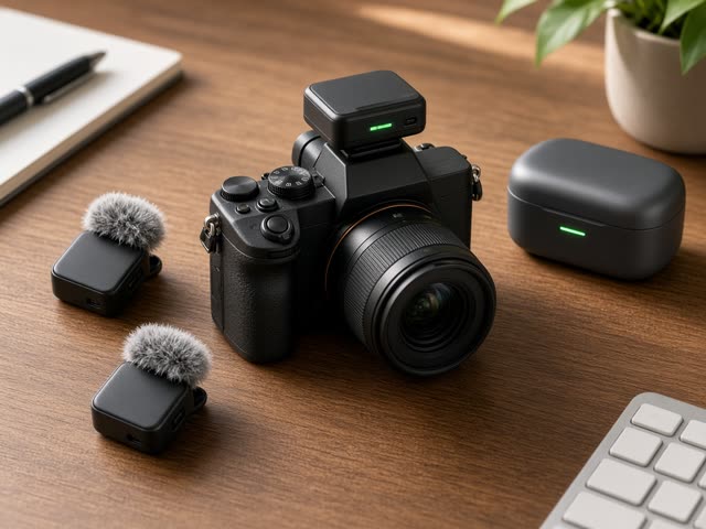 Kit micro sans fil avec deux émetteurs à bonnette, récepteur fixé sur un appareil photo hybride et boîtier de recharge sur un bureau