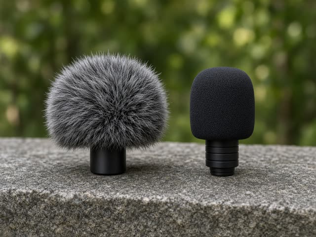 Bonnette anti-vent à poils grise et bonnette en mousse noire posées sur un muret en extérieur