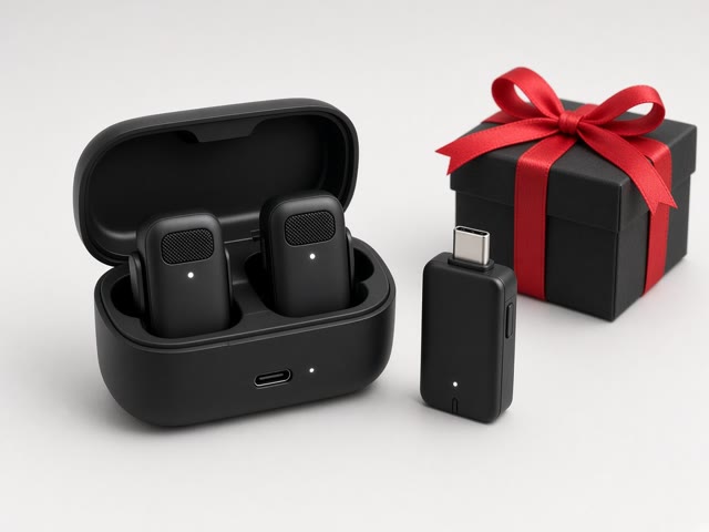 Kit micro sans fil pour smartphone avec deux émetteurs dans leur boîtier de charge et un récepteur USB-C, à côté d’un paquet cadeau noir avec ruban rouge