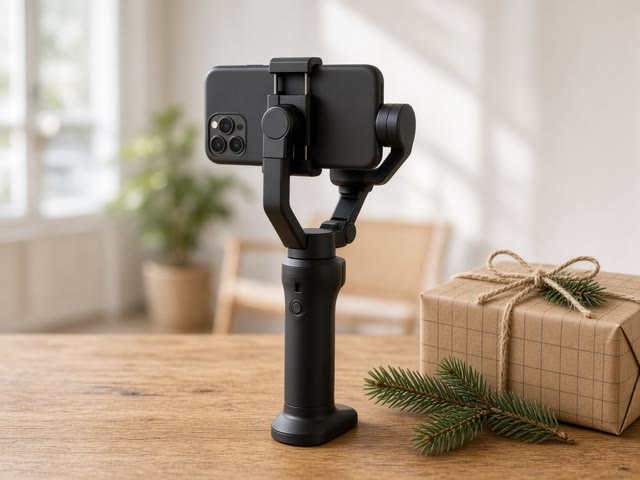 Stabilisateur 3 axes noir tenant un smartphone, posé sur un bureau en bois à côté d’un cadeau en papier kraft et d’une branche de sapin