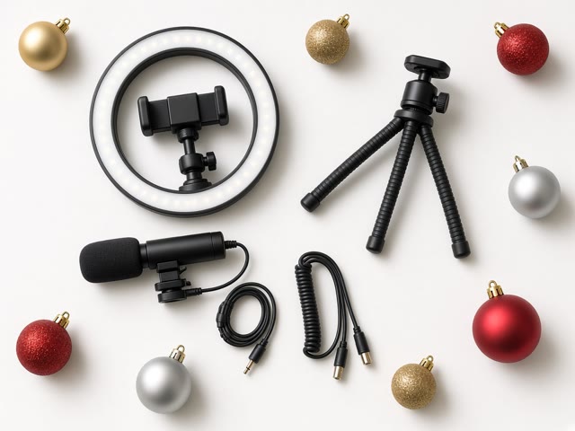 Kit vlog débutant posé à plat : ring light avec support de téléphone, mini trépied flexible, petit micro canon et câbles, entourés de boules de Noël