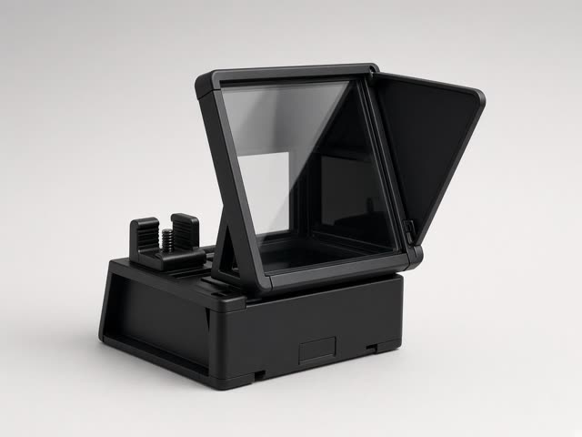 Petit prompteur pliable noir pour smartphone avec vitre inclinée et pince de fixation, sur fond gris clair