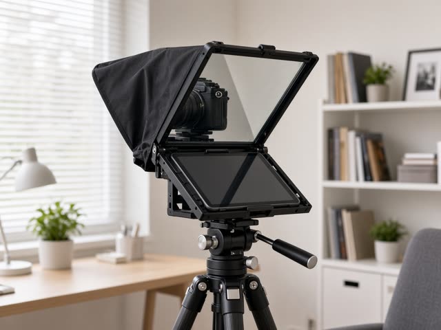 Prompteur pour tablette avec cadre métallique et pare-soleil en tissu noir, monté devant un appareil photo hybride sur trépied dans un bureau lumineux