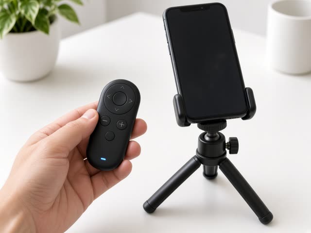 Main tenant une petite télécommande Bluetooth noire à côté d’un smartphone posé sur un mini trépied, sur un bureau blanc