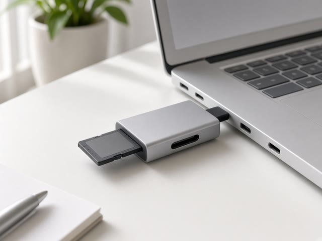 Lecteur de cartes USB-C en aluminium avec une carte SD insérée, branché sur un ordinateur portable sur un bureau blanc