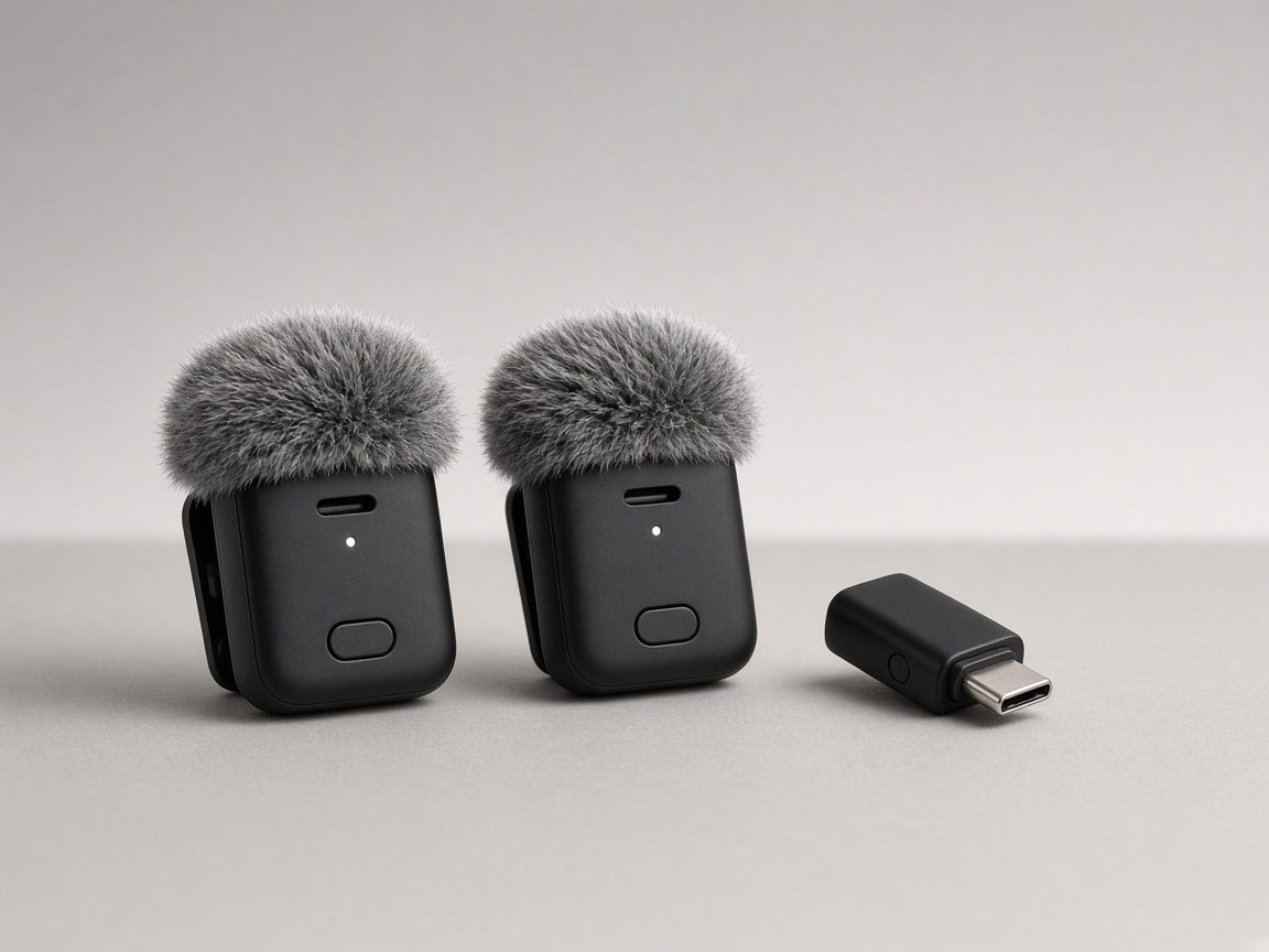 Deux émetteurs de micro sans fil noirs avec bonnettes et récepteur USB-C