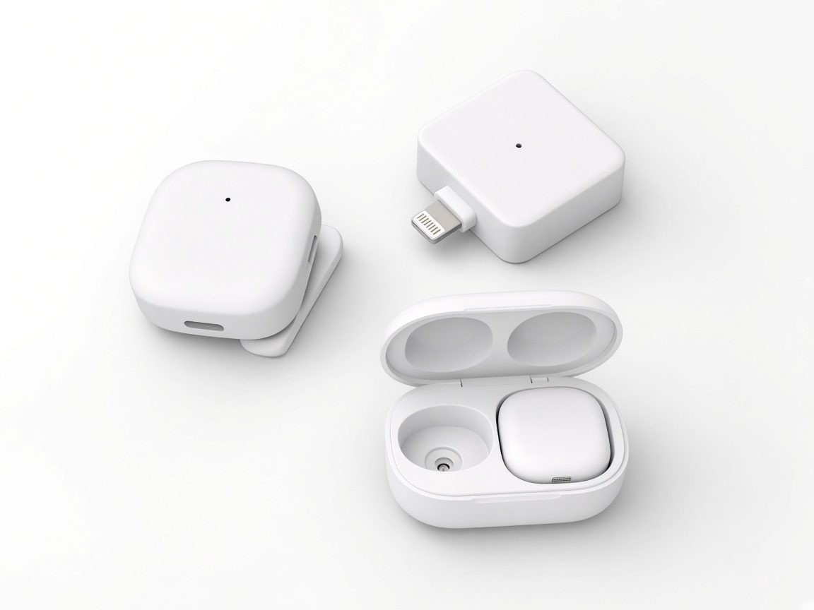 Micro sans fil blanc avec récepteur Lightning et boîtier de charge