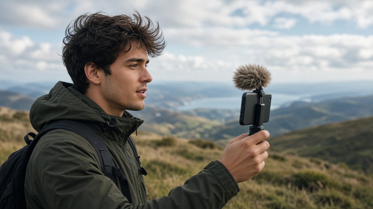 Vlogueur dehors avec un micro à bonnette