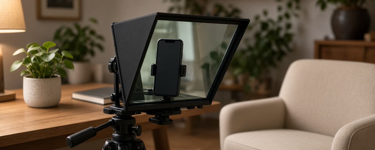 Prompteur avec vitre inclinée et smartphone monté sur un trépied, face à un fauteuil dans un salon aménagé en petit studio