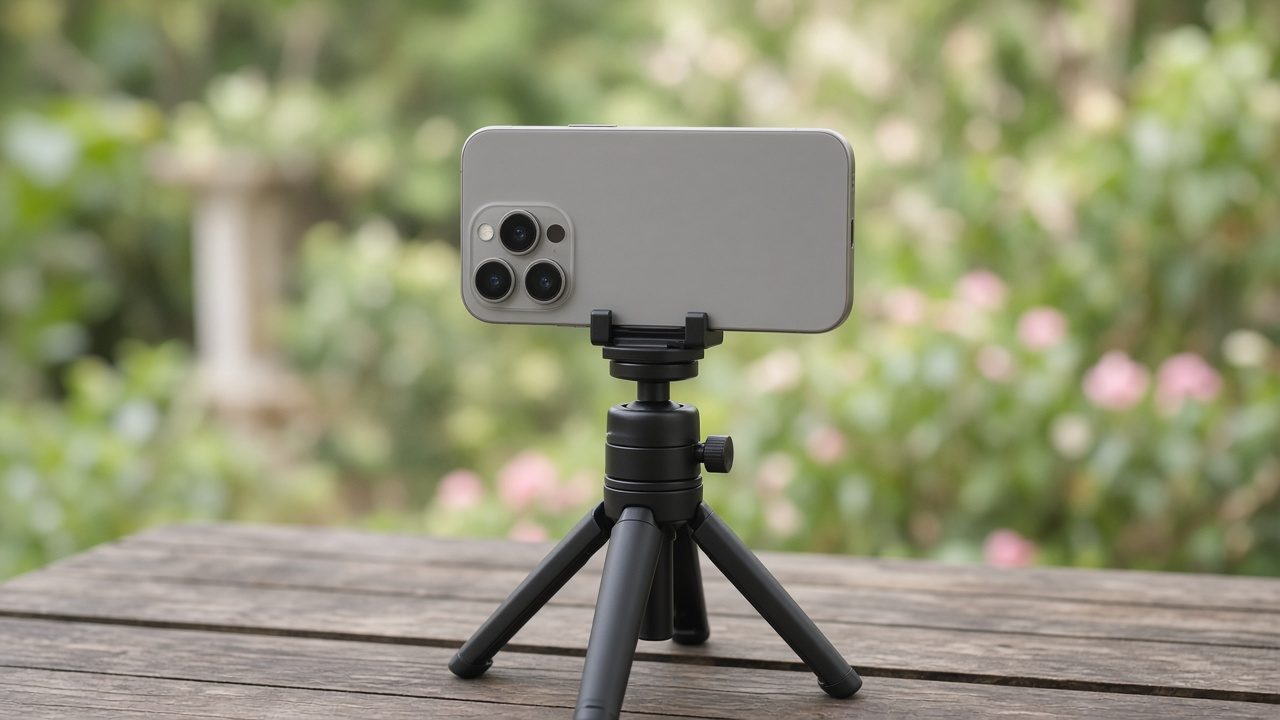 Smartphone sur trépied sur une table en terrasse