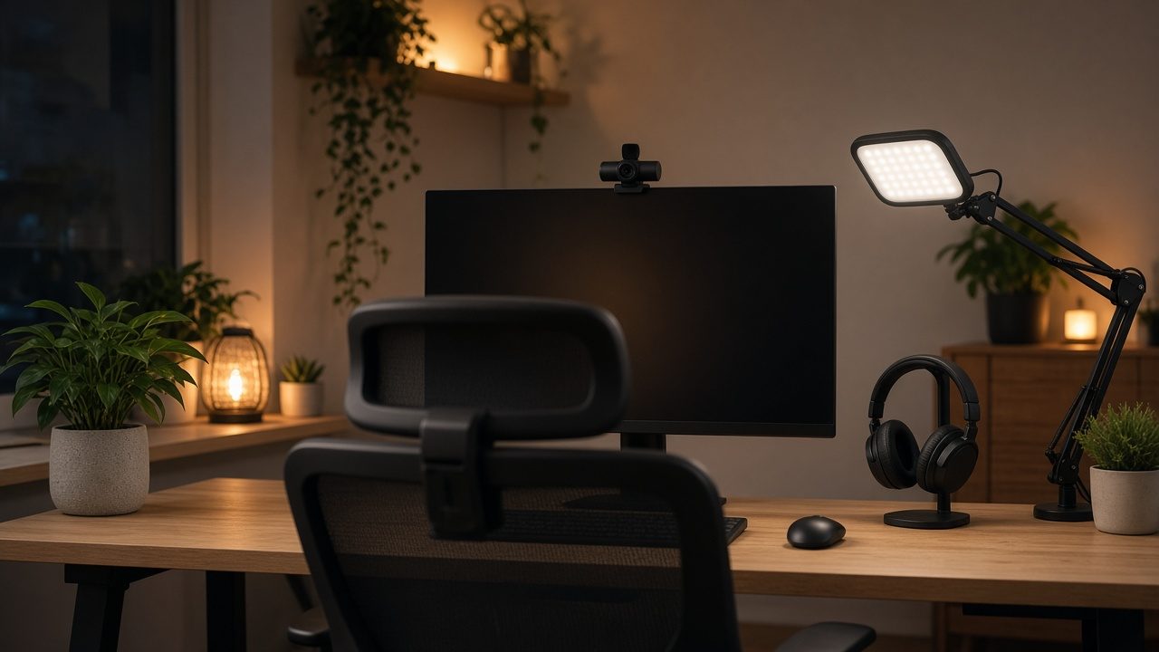 Bureau de streameuse avec webcam fixée sur l’écran et petite lampe LED
